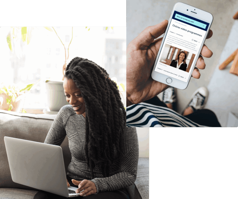 woman on laptop and person looking at mobile phone