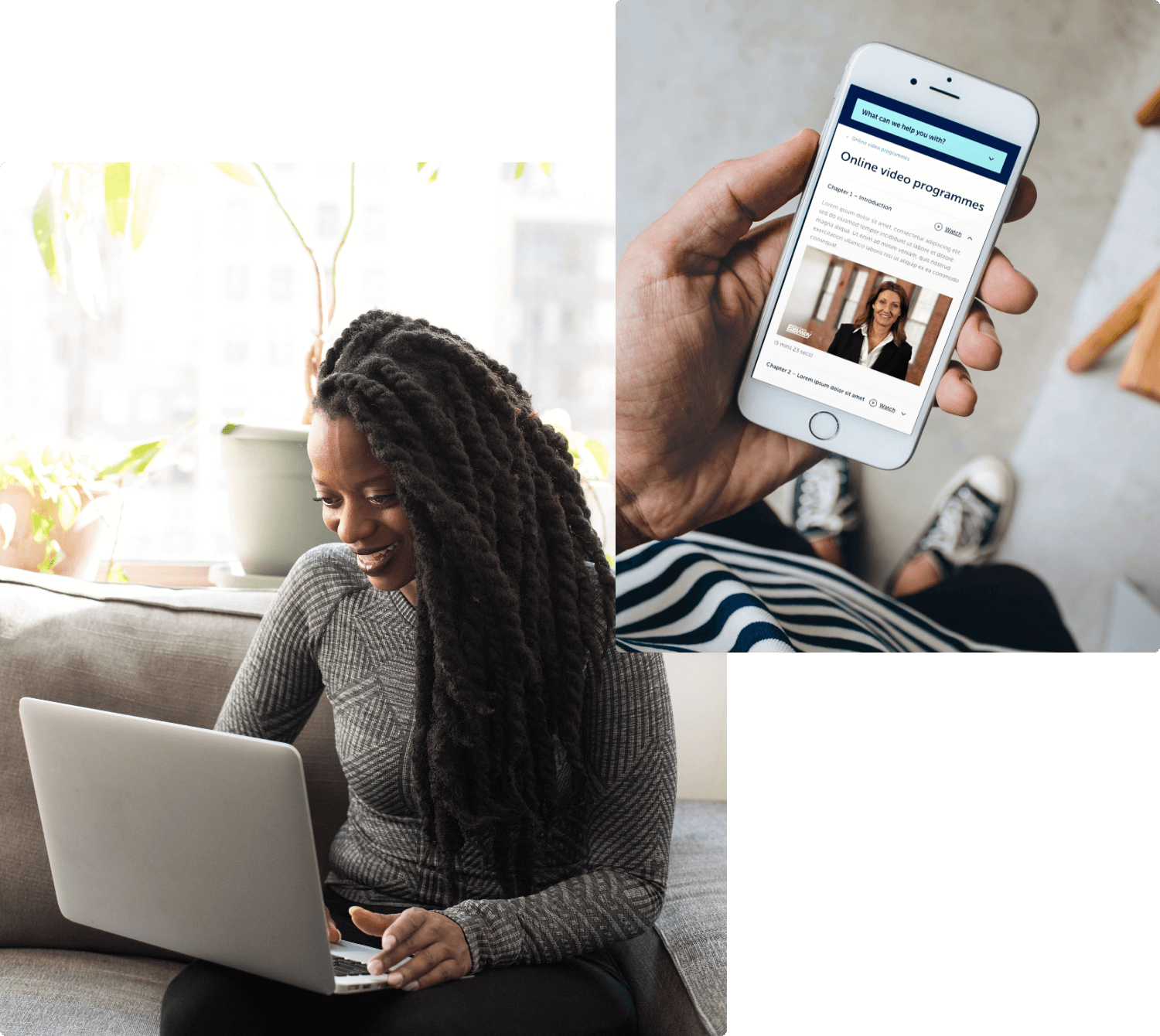 woman on laptop and person looking at mobile phone
